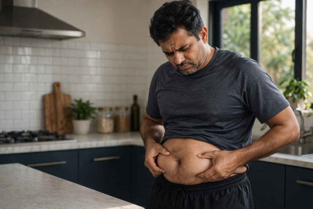 belly fat after 40 man holding stomach fat loss fitness