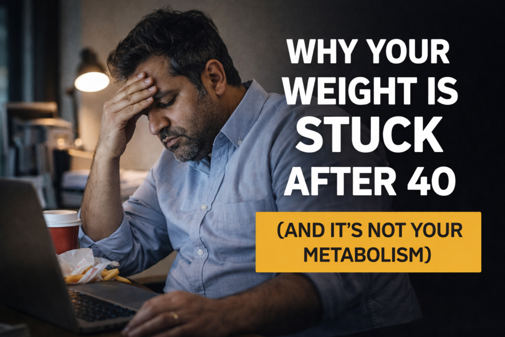 weight stuck after 40 stressed man sitting long hours unhealthy lifestyle fat loss problem